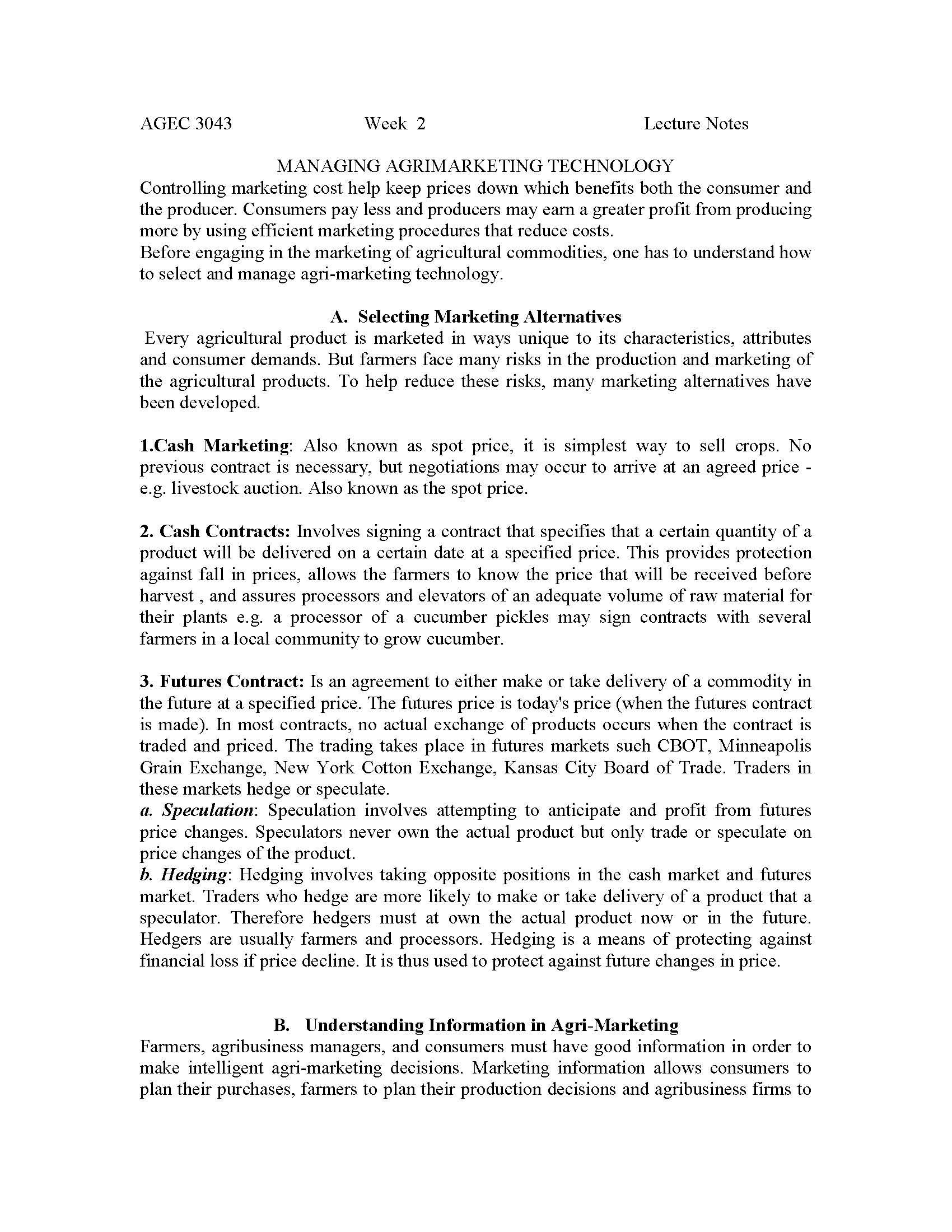 MARKETING SPECIALTY AGRICULTURAL PRODUCTS