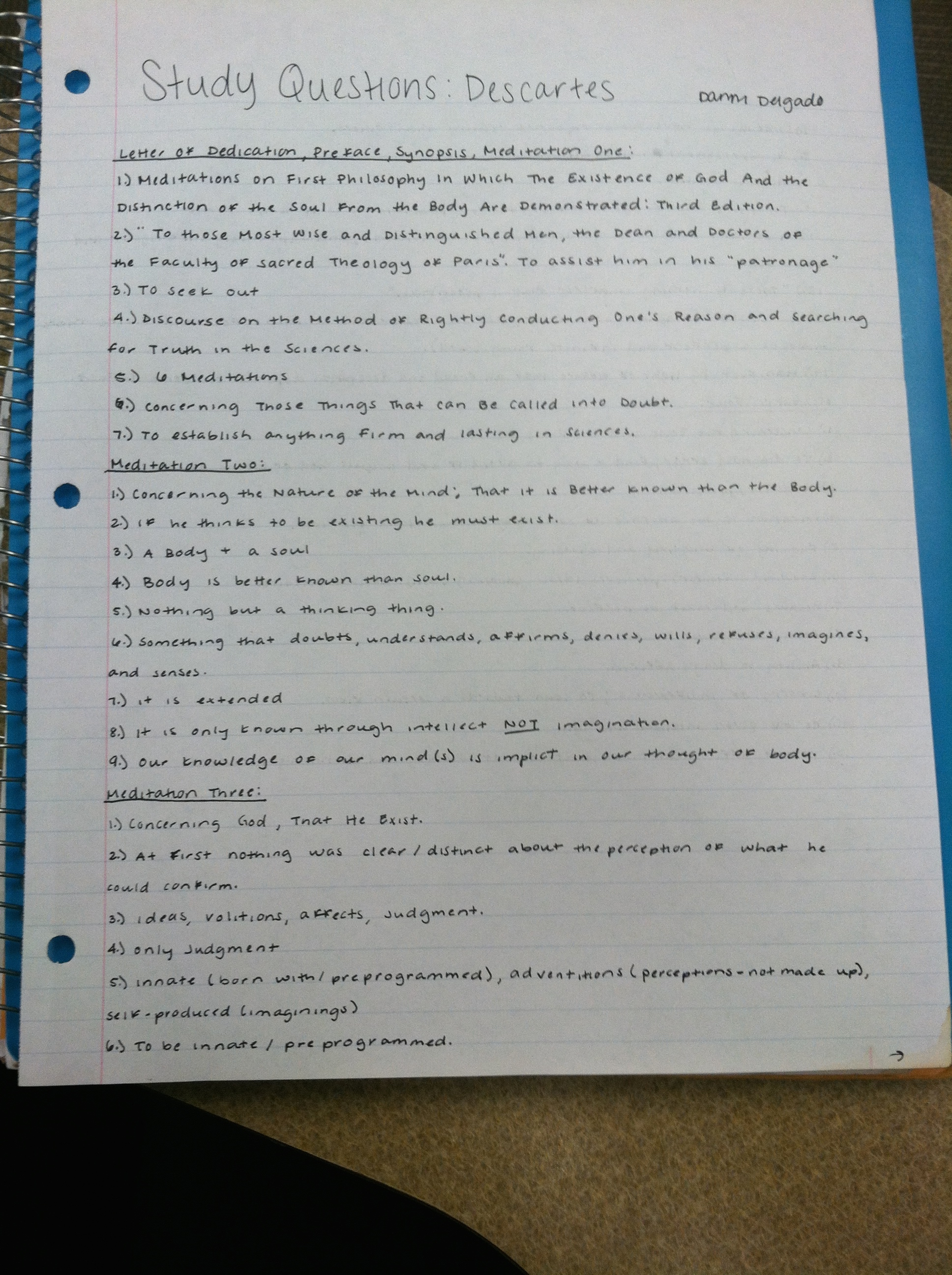 Study Questions: Descartes 