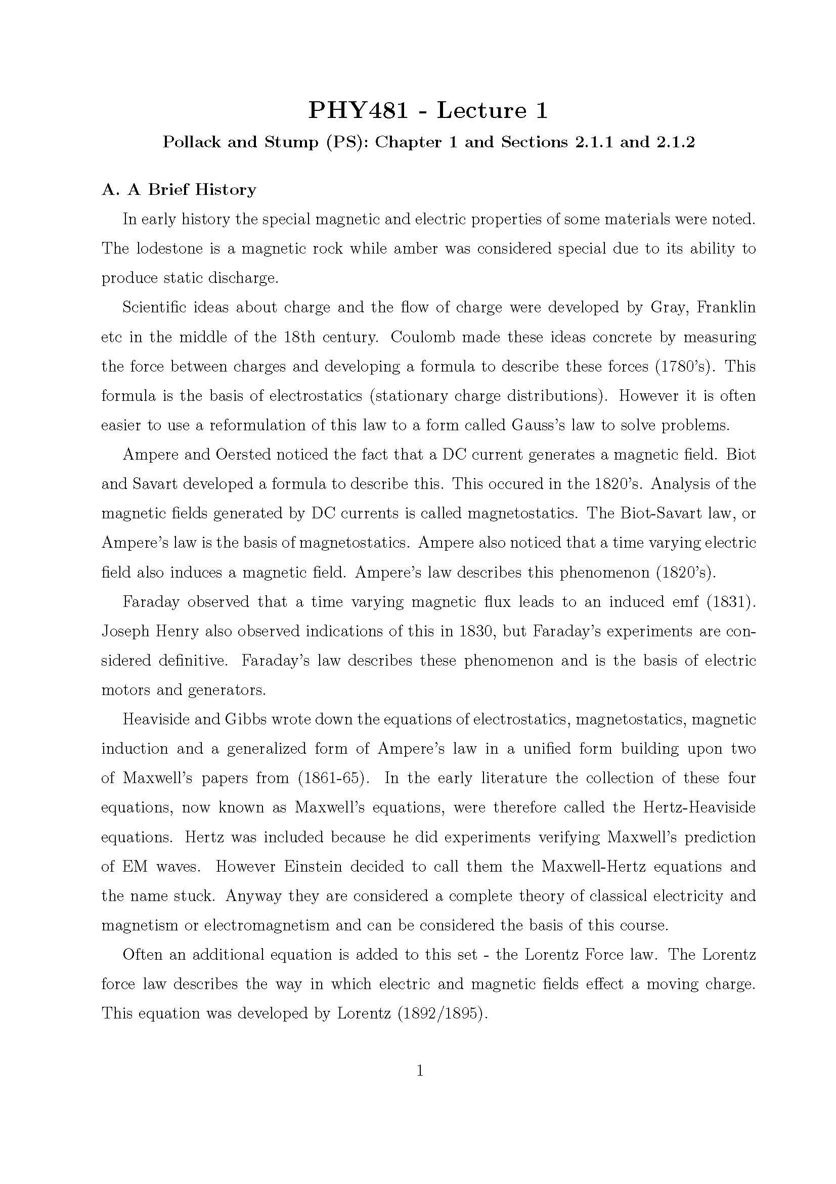 Electricity and Magnetism I