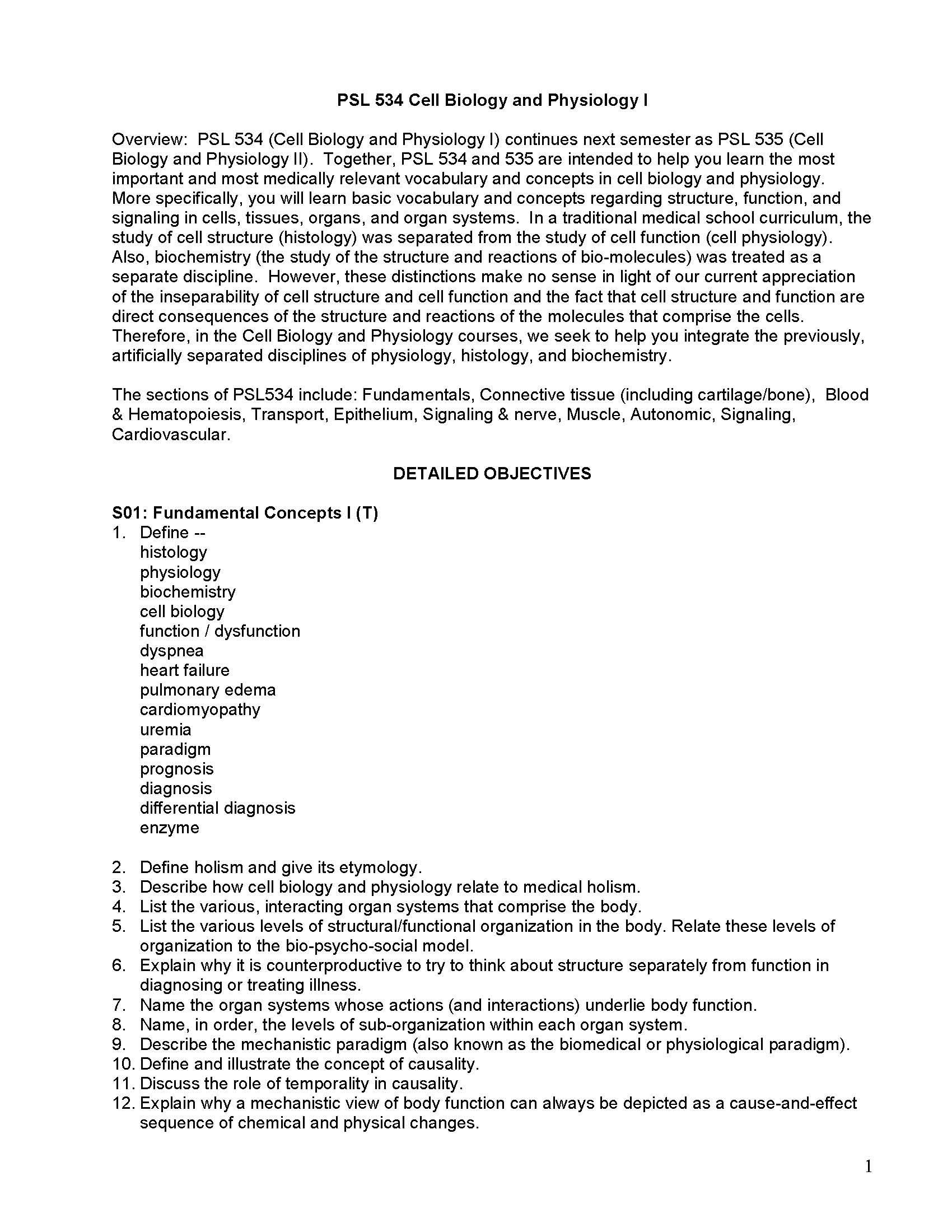 Cell Biology and Physiology I