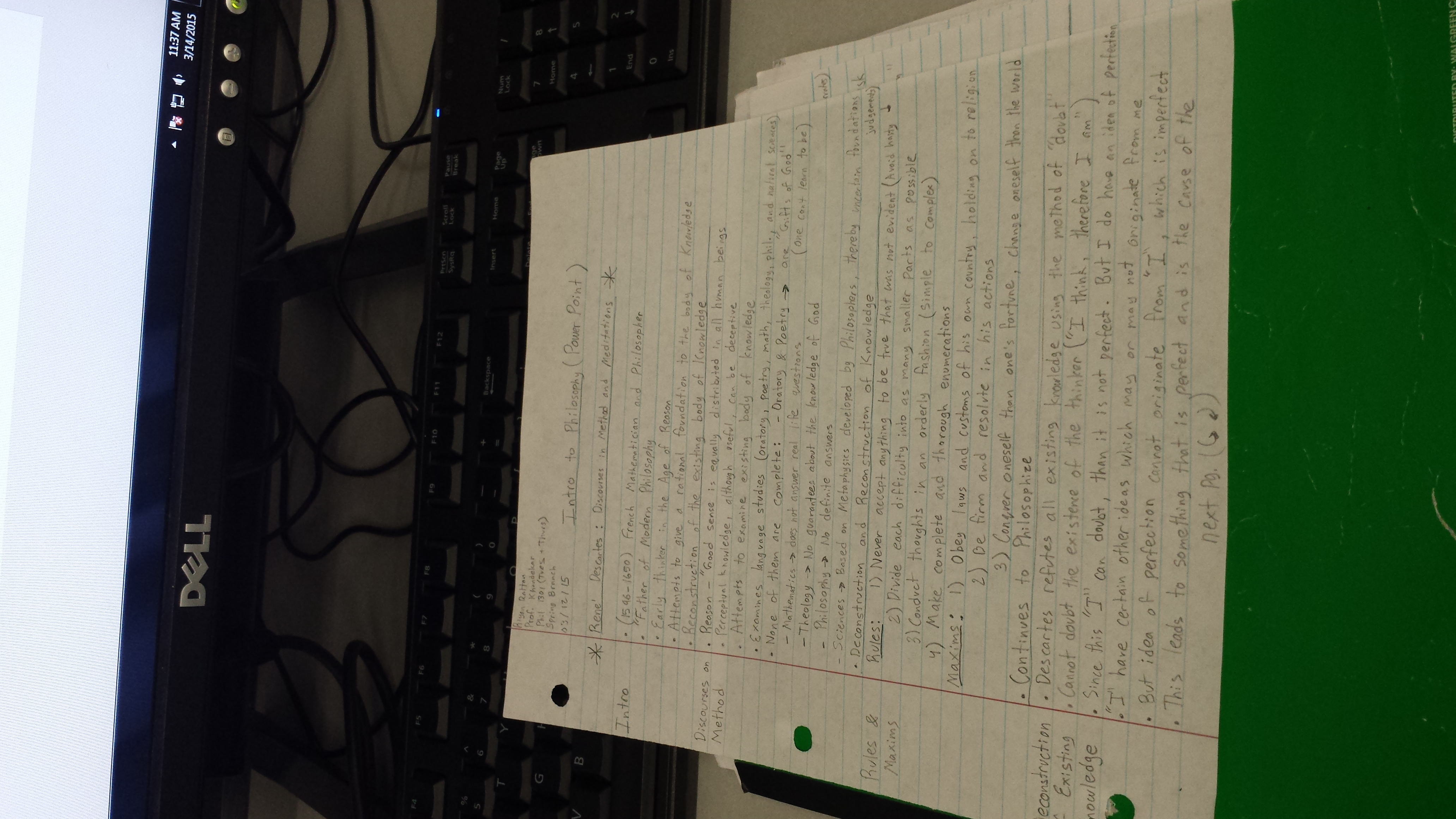 Important Rene' Descartes Notes