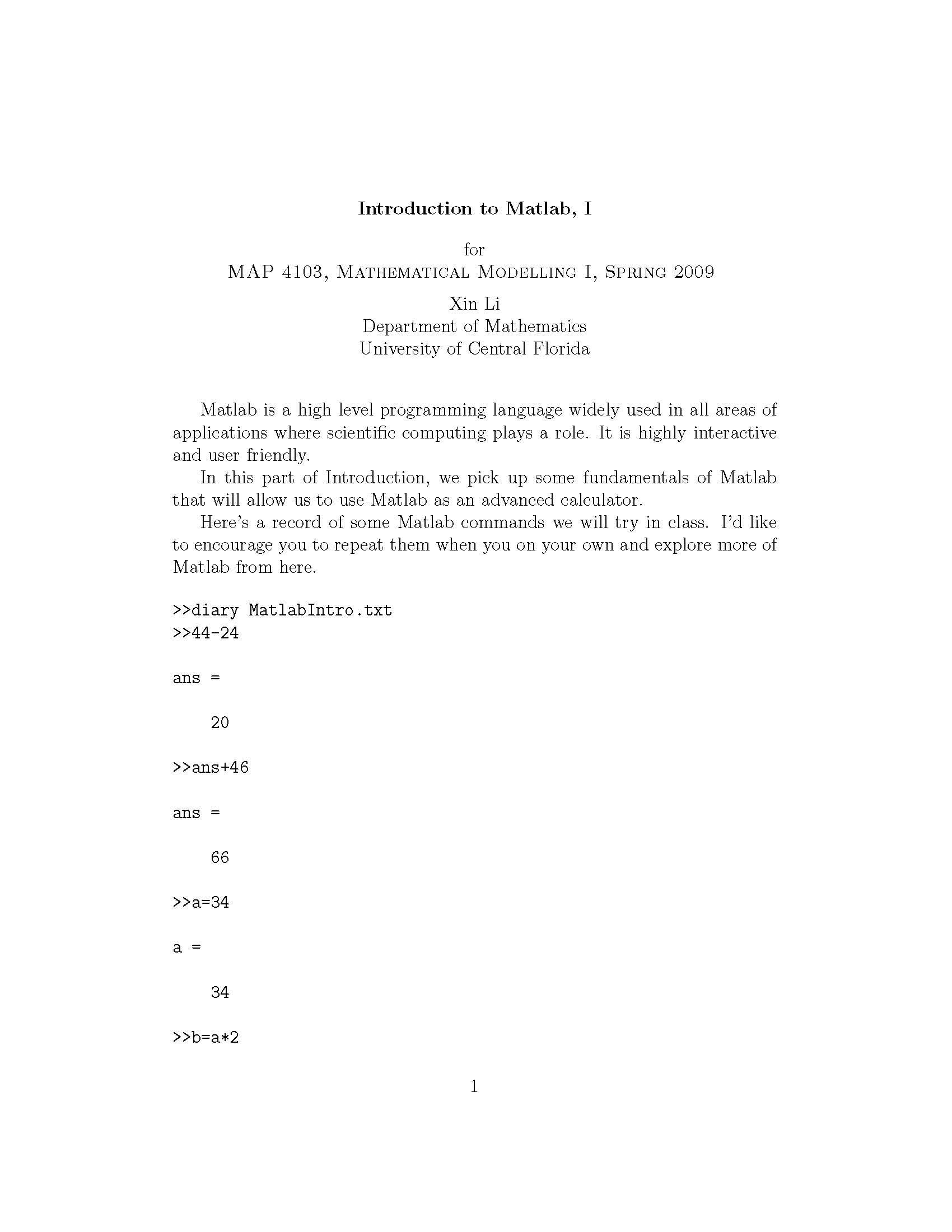 Mathematical Modeling I