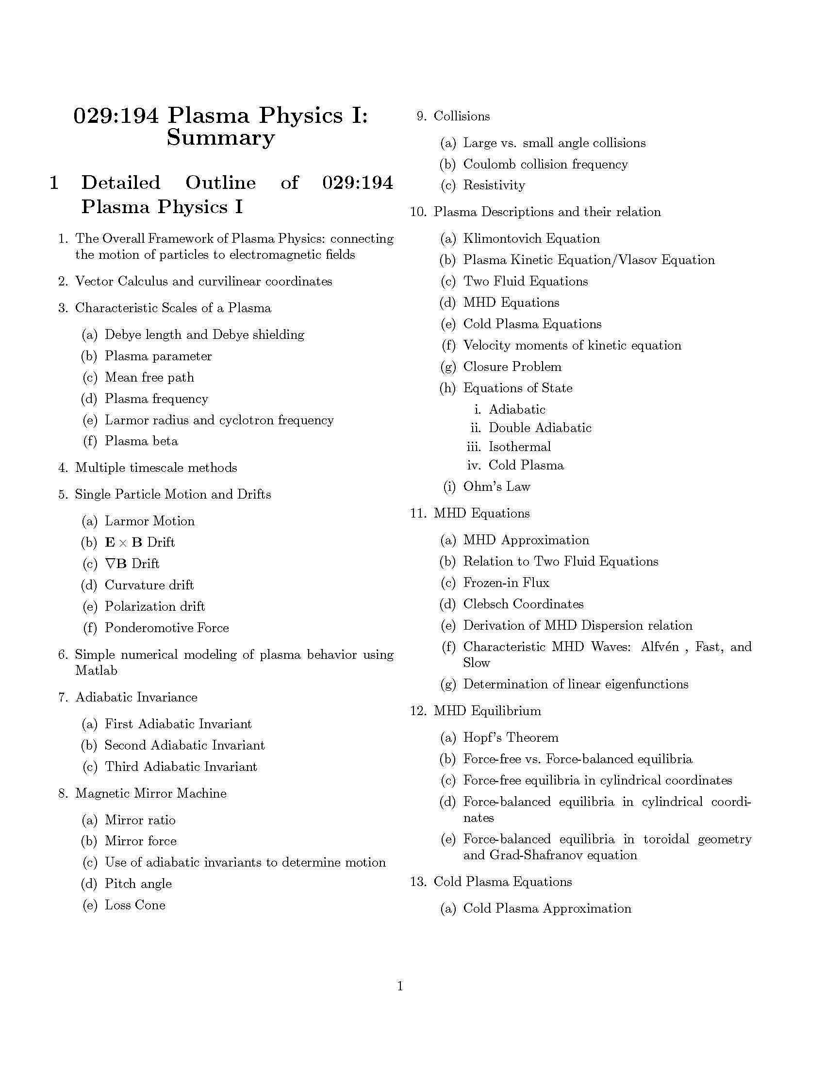 Plasma Physics I
