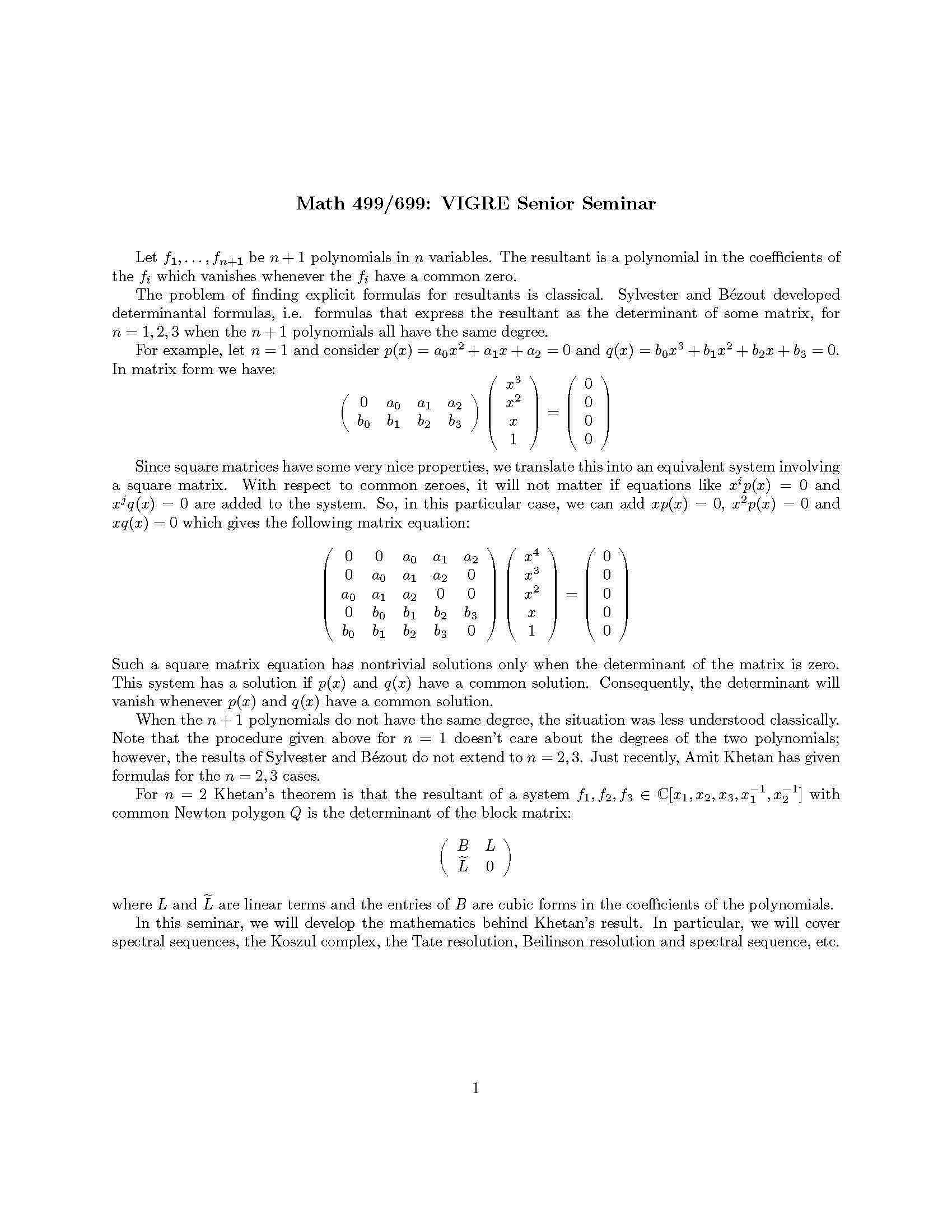 MATHEMATICAL SCIENCES VIGRE SEMINAR