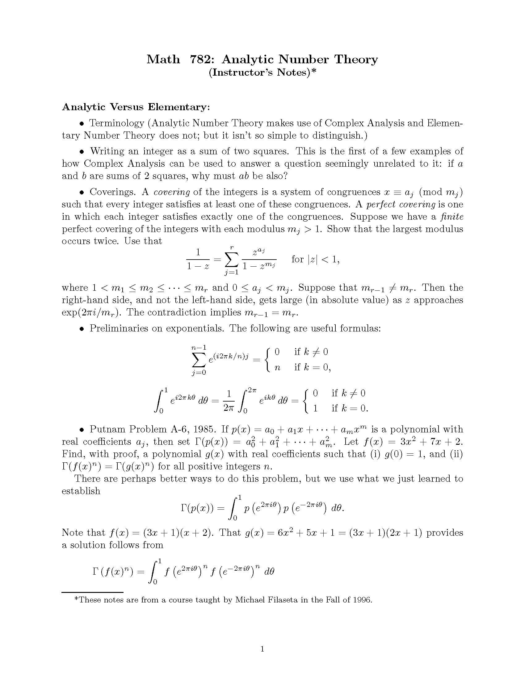ANALYTIC NUMBER THEORY I