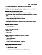 BIO 1050 Photosynthesis & Cellular Respiration Study Guide