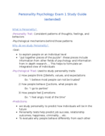 PERSONALITY PSYCHOLOGY STUDY GUIDE EXAM 1