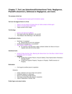 Chapter 7: Tort Law (Intentional/Unintentional Torts, Negligence, Plaintiff’s Doctrine’s, Defenses to Negligence, and more